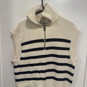 Zara Cream and navy striped zip up sweater vest.